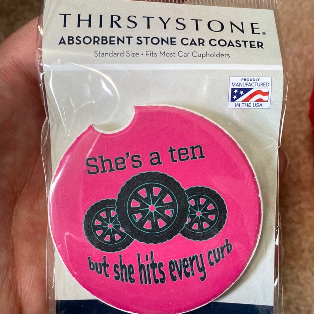 Thirstystone Vibrant Pink Car Coaster with Black and Green Design